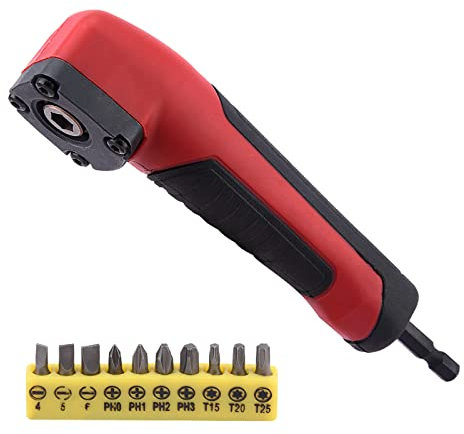 Impact Duty Right Angle Attachment with 10pcs Bits 90°Degree Right Angle Drill Adapter 1/4 Inch Right Angle Attachment Extension Screwdriver Socket Holder Drill Attachment