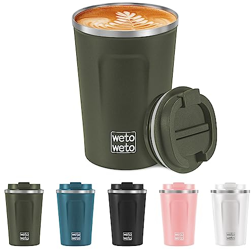 WETOWETO 12 oz Insulated Coffee Cup, Spill Proof Travel Coffee Mug, Vacuum Stainless Steel Coffee Tumbler, Coffee Mug with Lid, Portable Thermal Mug, Reusable Travel Coffee Cup(Green)