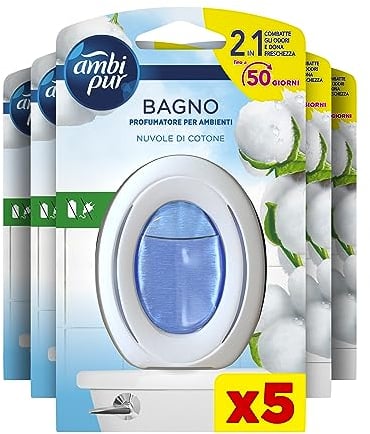 Ambi Pur Bagno Profumatore Per Ambienti, 5 Profumatori Bagno, Fragranza Lenor Nuvole di Cotone, Diffusore Ambiente Con Tecnologia Elimina Odori, Durata Fino a 50 Giorni Per Profumatore