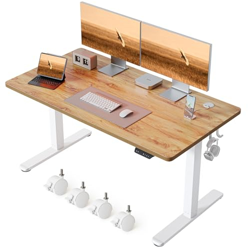 FEZIBO Schreibtisch Höhenverstellbar Elektrisch, 140 x 60 cm Stehschreibtisch mit Memory-Steuerung und Anti-Kollisions Technologie, Weißer Rahmen/Hellbraune Tischplatte