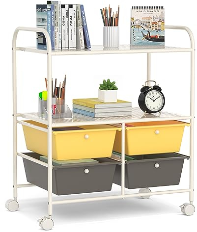 GIANTEX Rollwagen mit 4 Schubladen stapelbar, Schubladenwagen mit 2 Ablageflächen & Metallgestell, Badrollwagen Küchenwagen mit feststellbaren Rollen, Aufbewahrungswagen Rollcontainer 63,5x37x75 cm