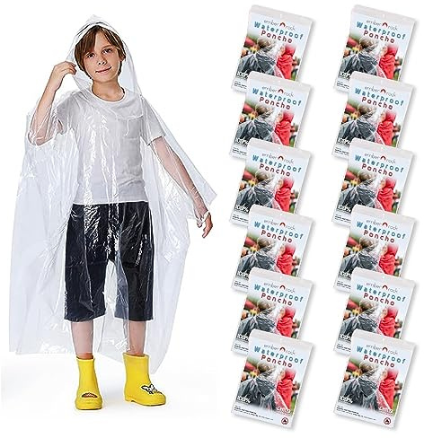 Ember Rock 12 Pack Kids Disposable Rain Ponchos for Children - Waterproof Emergency Raincoats with Hood - Boys & Girls
