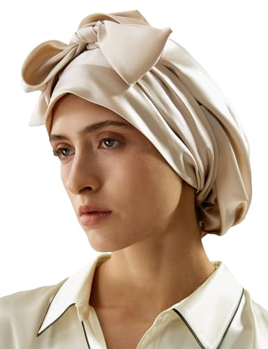 LilySilk 100% Reine Maulbeerseide Schlafmütze für Damen Natürliche Seidenmütze zum Schlafen und Haarpflege Nachthaarwickel mit langem elastischem Band zum Halten,Gelber Kies