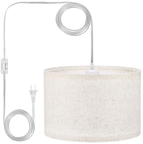 PATIKIL Plug in Pendant Light, 15Ft Rope Cord Hanging Lamp Fixture with ON/Off Switch, Linen Fabric Shade E26/E27 Bulb Socket for Bedroom Kitchen Living Room, Beige