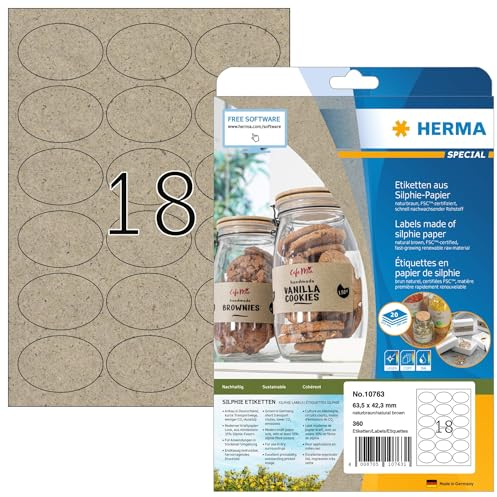 HERMA 10763 Universal Etiketten aus Graspapier oval, 20 Blatt, 63,5 x 42,3 mm, 18 pro A4 Bogen, 360 Stück, selbstklebend, bedruckbar, matt, blanko Klebeetiketten aus Silphie-Papier, natur-braun