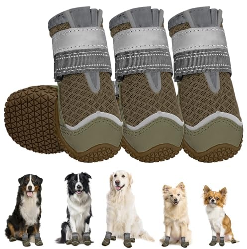 Eyein Hundeschuhe Pfotenschutz, 4 Stück atmungsaktiv Hundeschuhe mit Rutschfester Sohle und reflektierendem Klettverschluss für kleine, mittlere und große Hunde, Sport im Freien, Braun, Größe 4