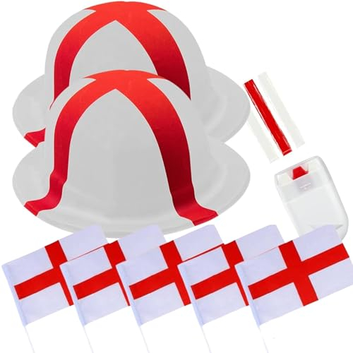 JOLAFUNBS - Euro 2024 World Cup Football Supporter Accessories 8Pcs England Party Wear 2x England Football Bowler Hat Fancy Dress Hat, 5x Hand Flags & England Football Face Paint