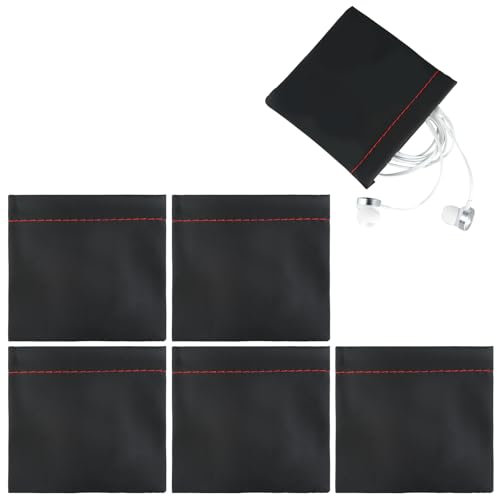 6Pcs PU Headphone Bags Portable Elastic Steel Spring Closure Earphone Storage Bag Black Waterproof Soft Headphone Pouch for Storing Headphones Jewelry Lipstick Keys for Traveling