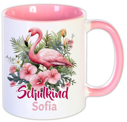 Unikatolo Tasse Schulkind mit Name personalisiert Geschenk Schulanfang Namenstasse Schulstart Kinder Schultüte Mädchen Einschulung Zuckertüte Erste Klasse Kleinigkeit Mitbringsel (Flamingo Rosa)