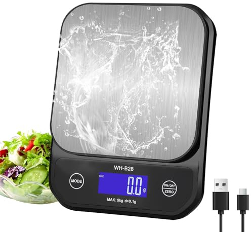 3T6B Wasserdichte IP67 Küchenwaage, Wiederaufladbare Digitale Küchenwaage, USB Elektronische Lebensmittelwaage, 5kg/0.1g Hochpräzise Digital Kaffee Skala mit LED-Display, für Kochen, Backen