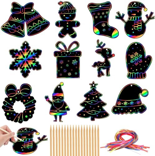 36 Stück Weihnachten Kratzbilder, Kinder Regenbogen Kratzpapier, Regenbogen Scratch Art mit 18 Holzstiften und 36 Bunte Bändern, für Kinder Basteln, Weihnachtsan Geschenkan, Weihnachtsbaumschmuck
