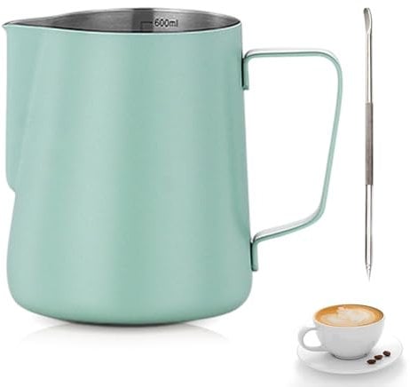 Milk Frothing Jug,Tianher Milk Jug Cup Stainless Steel Frothing Pitcher 350ml with Measurement and Latte Decorating Art Pen for Barista Making Coffee Cappuccino(Green)