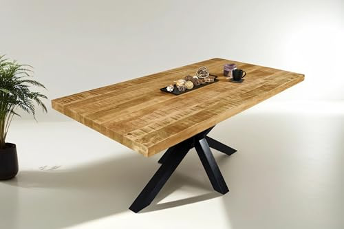 SAM Esstisch Libro 180x90 cm Mangoholz gerade Kante Spider-Gestell schwarz | Esszimmertisch massiv, raue Oberfläche, Metallgestell