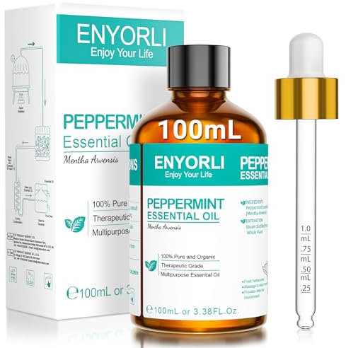 ENYORLI Ätherisches Pfefferminzöl 100ml Reines Pfefferminzöl für Haut, Gesicht, Haare, Aromatherapie, Diffusoren, Kerzenherstellung, Massage, Hauspflege, äußere Anwendung mit Pipette