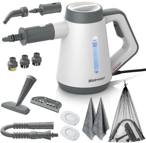 Bielmeier Limpiador de vapor a presión de mano, arranque rápido de 15 segundos, multifuncional para el hogar, cocina, baño, 8 accesorios, sin químicos, solución de limpieza segura y eficiente