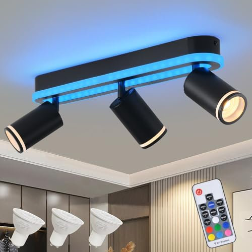 Deckenlampe LED Dimmbar mit Fernbedienung,RGB Farbwechsel 33W 2600LM Deckenleuchte,Deckenstrahler Schwenkbar,3 Flammig mit unteres Glühen 18W+3x5W GU10 spots,Modern Lampe Decke für Küche,Schwarz