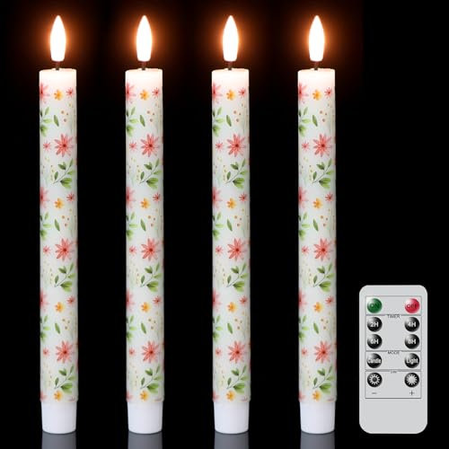 Eldnacele Yellow Flowers LED Taper Candles Flickering with Remote Timer, Battery Operated Flameless Taper Candles, Real Wax CandleSticks Warm Light for Wedding Party Christmas Decoations