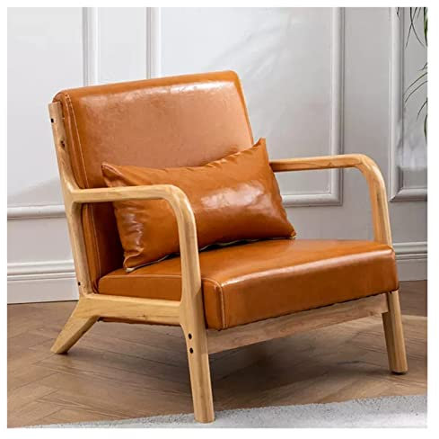 Snowflyk Sessel, Holzsofa, gepolsterter Retro-Clubsessel aus PU-Leder, Loungesofa, Freizeitsessel, einzelner Lesesessel, Massivholzrahmen (Orange)