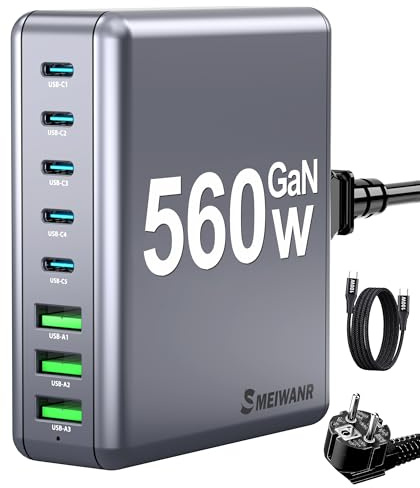 560W USB C Ladegerät, GaN 8-Port Mehrfach-Ladestation, USB C Netzteil mit PD 3.0 Schnellladung, Kompakt & Leistungsstark kompatibel mit iPhone, MacBook Pro/Air, iPad