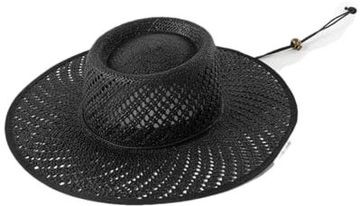 Chapeau de paille tressé creux avec large bord et cordon de serrage pour femme, Noir , M
