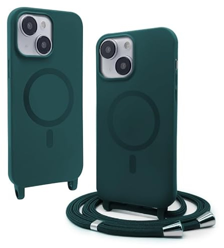VAVAVOOMY Handykette Hülle für iPhone 13 Mini(5.4) mit Band Halsband Lanyard (abnehmbar) Handyhülle, Verstellbarer Lanyard.Magnetisch Stoßfest Silikonhülle Wireless Charging kompatibel .-Grün