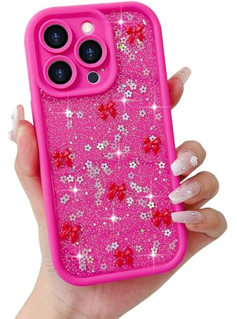 Micoden 3D Bow Case for iPhone 14 Pro Max with Glitter Star-Hotpink | Cute Bowknot Pattern Sparkly Bling Back Cover,Slim Soft TPU Shockproof Protective Aesthetic Design Phone Case for Girls Women