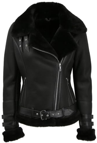 Hollert Lammfelljacke Melli Beese Schwarz Damen Winterjacke Felljacke aus Merino Schaffell Echtleder Größe L