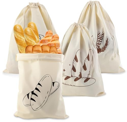 Fyfjur Sac A Pain Tissu Coton Non Blanchi, 4 Pièces Réutilisable Sac à Pain Conserver La Fraîcheur Avec Cordon De Serrage Pour La Conservation Du Pain, Des Fruits Et Des Légumes (40x30cm)
