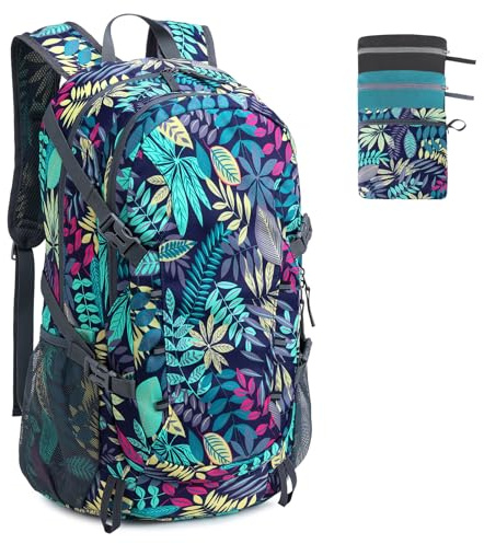 BiYiYun Wanderrucksack, 40 l, leicht, faltbar, mit Nasstasche, wasserdichte Reise-Camping-Tasche für Männer und Frauen (lila Blatt)