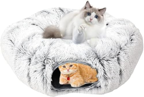 Umllpet Plüsch Katzentunnel, Katzenbett für Indoor Katzen, Katzentunnel XXL Große mit Schlafplatz, Runde Donut Form für Katzen Spiele, Katzenspielzeug Grau