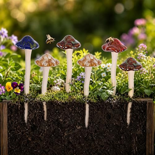Plze Deko Garten,Fliegenpilz Keramik Deko Feengarten Zubehör Outdoor | 6 Stück Pilz Deko Garten Töpfe Dekoration Keramik Deko Fliegenpilz für DIY Dollhouse Potting Shed Blumentopf Pflanzen