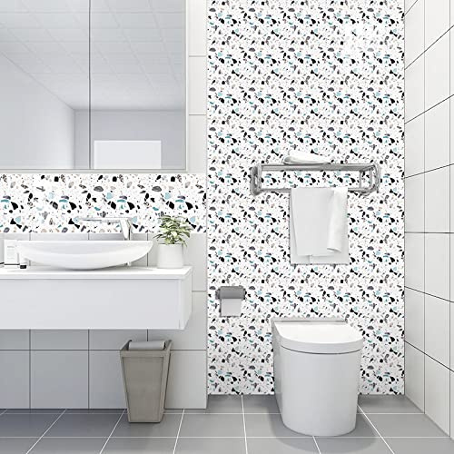 Baldosas Adhesivas Azul Terrazo Gris Suelo Vinilo Autoadhesivo Vinilo Impermeables Panel Revestimiento Ducha para Baño Cocina Gabinete Muebles Decoración Azulejos Adhesivos 10x10cm /10 Piezas
