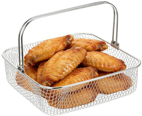 ZUNOXAZ Quadratischer Luftfritteusenkorb Aus Edelstahl 8.07X8.07X2.56In Mit Griff Ersatzkorb Für Heißluftfritteuse Zur Gleichmäßigen Zubereitung Von Pommes Frites Und Brathähnchen