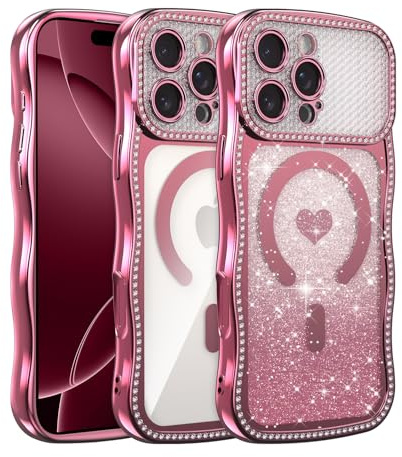 UCASONG for iPhone 14 Pro Max (6.7) Magnetic Wave Frame Case, Pink Heart | Compatible with MagSafe, Sparkly Rhinestone Gradient Glitter Card, Aesthetic Wavy Case, Soft TPU Shockproof Protective Cover