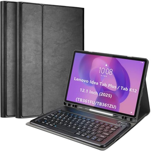 ProCase Tablet Case with Keyboard Compatible with 2025 Lenovo Idea Tab Plus 12.1 Inch/Tab K12, Folio Cover with Magnetically Detachable Wireless Keyboard Multi-Angle Stand and Pencil Holder -Black