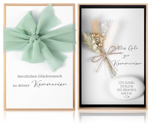 Hestya Kommunion Geschenkset Geldgeschenke Verpackung, Kommunion | Faltkarte, Trockenblumen, Kommunionskarte, Glücksstein mit Gravur, Geschenkband, für Erstkommunion, Konfirmation, Taufe