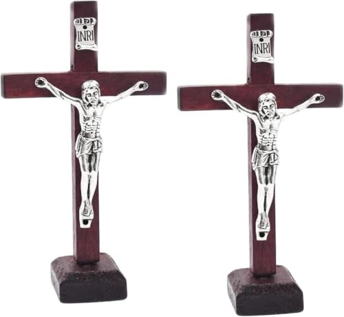 Elzhan 2Pcs Crucifix Wall Cross Wooden Catholic Cross With Stand Religious Christian Standing Cross Church Home Ornaments For Prayers Wall Accents