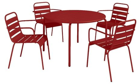 Vente-unique-Garten-Essgruppe - Metall - Tisch D110 cm & 4 stapelbare Sessel - Rot - MIRMANDE von MYLIA