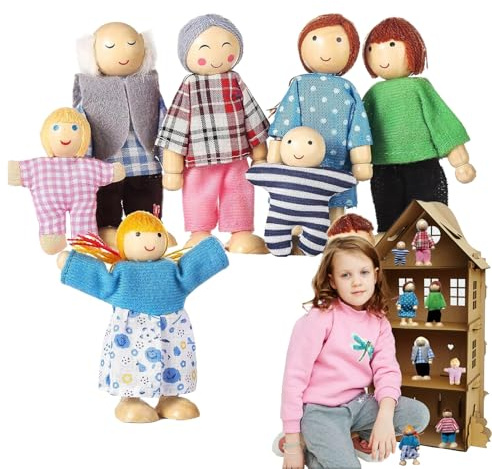 Generisch Holz Puppen 8 Personens Familie Puppenfamilie Biegepuppen Puppenhaus Figuren Set Für Kinderzimmer Wohnzimmer Rollenspiel - Mädchen Zuhause Spielen Familien Puppen