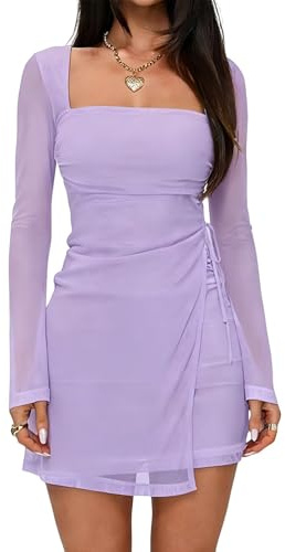 Remxi Women's 2026 Mesh Mini Dress Sexy Square Neck Long Sleeve Dress Wrap Tie Party Club A Line Short Dresses