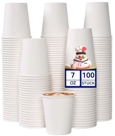 JOLLY CHEF 100 Stück Einweg-Pappbecher 207ml/7oz Weiße | Robuste, Auslaufsichere Einwegbecher, Kaffeebecher, Für kalte & heiße Getränke, Ideal Für Büros, Partys, Picknick