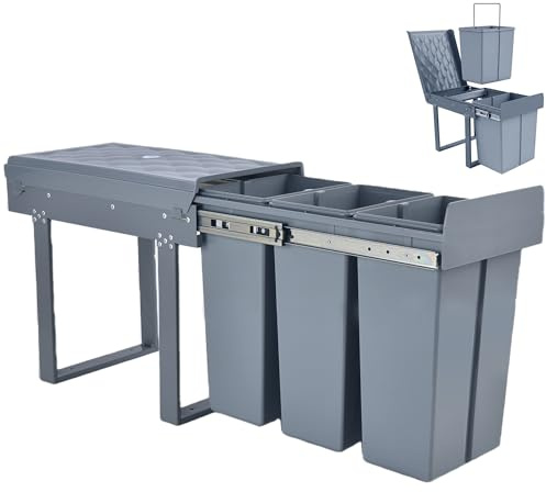 MinteLiv Einbaumülleimer ausziehbar Mülltrennsystem, Stahlrahmen, 3x10L | 3 Fächer, passend für schmale Küchenunterschränke ab 30 cm Breite, 48x26x42cm, Küche, unter Spüle, Vollauszug