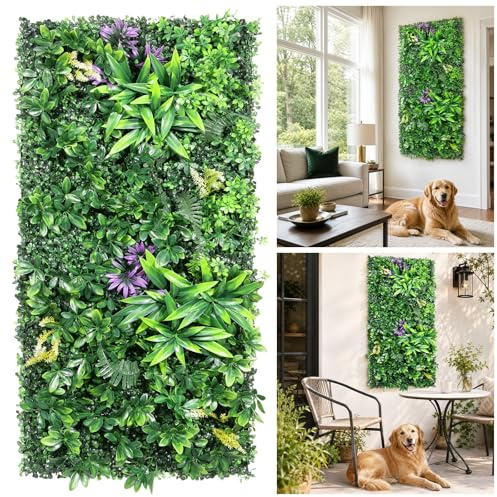 FUOBECIE Pflanzenwand 50 x 100 cm Kunstpflanzen zur Wandmontage Wandgarten Künstliche Pflanzen Deko Sichtschutz Kunstpflanzen Blumenwand Sommerwiese Wandpflanzen für Wand, Balkon (Lila Grünwand)