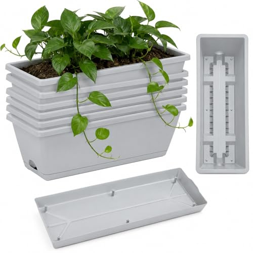 shallyong Jardineras Exterior, Juego de 6 Piezas Jardinera Balcon, Jardinera para Alféizar de Ventana Exterior con Depósito/Platillo de Agua, Macetas de Plástico para Balcón y Terraza (Gris Claro)