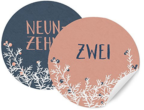 24 Adventskalenderzahlen, für Mädchen & Frauen, runde Zahlen Etiketten MATT zum Adventskalender Basteln, selbstklebend, 40mm, ROSA BLAU mit Zweigen und Beeren