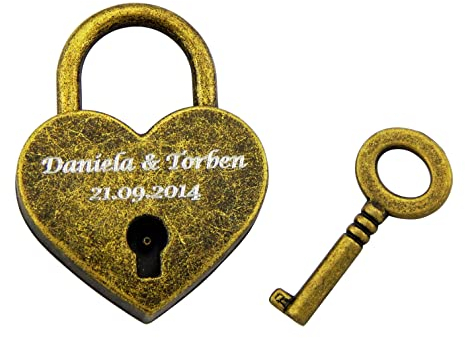 Hanessa Liebesschloss Graviertes Herz Vorhänge-Schloss mit Schlüssel mit Ihrer Gravur Hochzeitstag Jahrestag Geschenkidee Namensgravur in der Farbe Vintage Gold