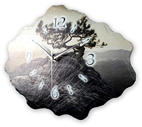 Kreative Feder Designer-Wanduhr aus Stein (Keramik) mit flüsterleisem Uhrwerk (Einsamer Baum, leises Funkuhrwerk)