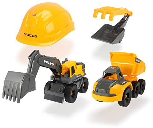 Dickie Toys Volvo Baustellen Spielset, Set mit Volvo Baufahrzeuge, Kipplaster, Bagger, Schaufel/Rechen mit Sieb, Helm, Baustelle, Sandkasten, Baufahrzeuge, Bagger, Muldenkipper, 26 cm, ab 3 Jahren