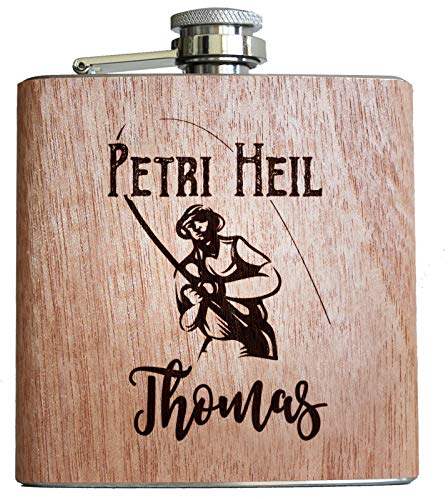Angeln Holz Flachmann Petri Heil mit persönlicher Gravur Name Geschenk Angler Fischer Alkohol Zubehör Männer Fischen lustig