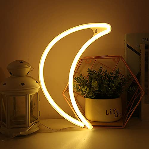 Colording Lune Néon Enseignes lumineuses Décoration murale, Batterie/USB alimenté lune Néons Applique murale Intérieur Luminaires Veilleuses pour chambre, Saint Valentin, Éclairage de Noël-jaune lune